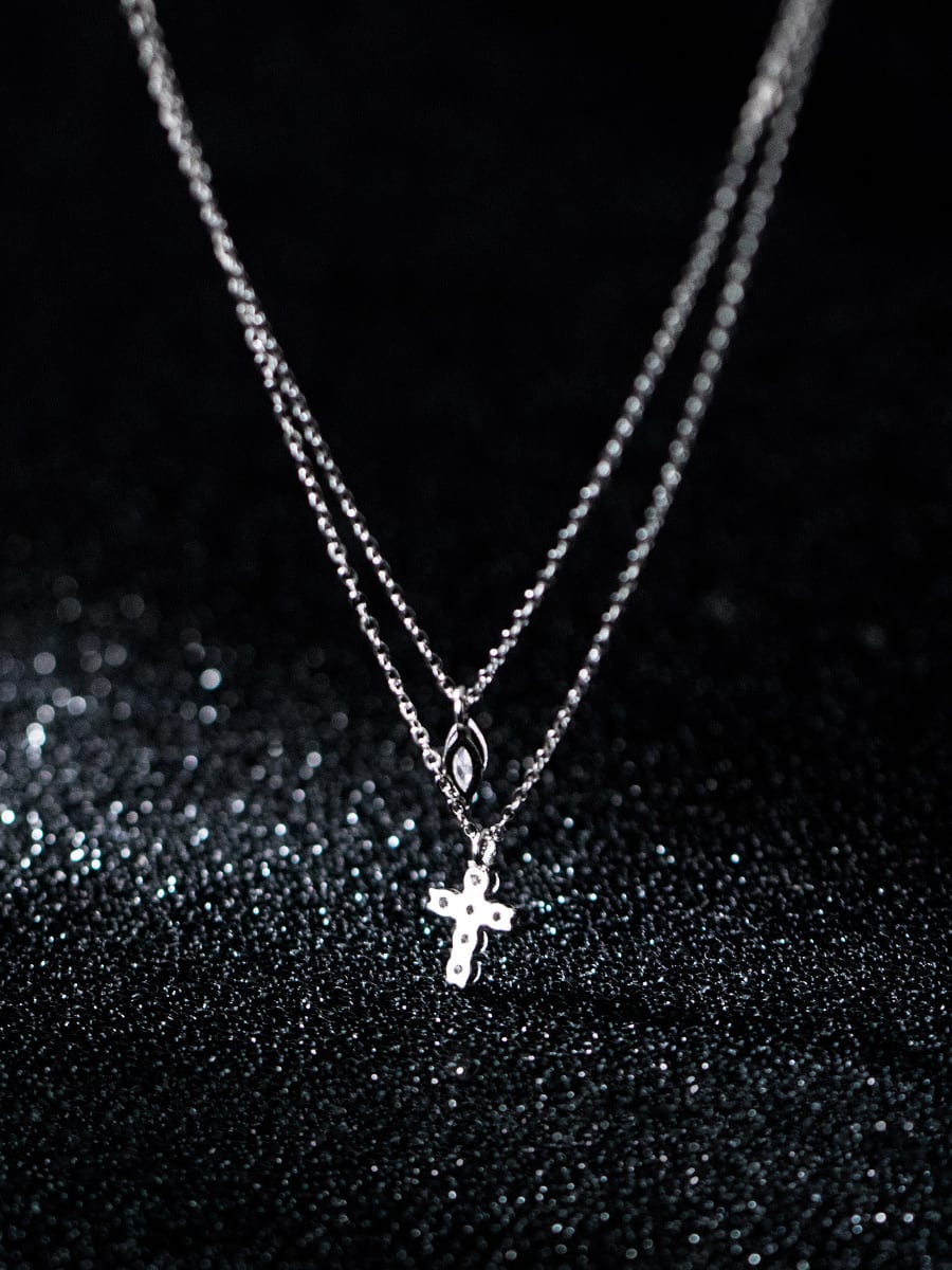 925 Sterling Silver Cubic Zirconia Cross Minimalist Multi Strand Necklace Color: Silver