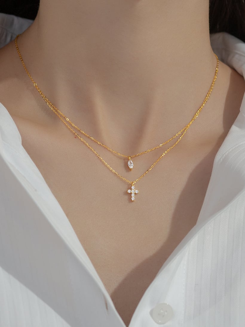 925 Sterling Silver Cubic Zirconia Cross Minimalist Multi Strand Necklace Color: Silver