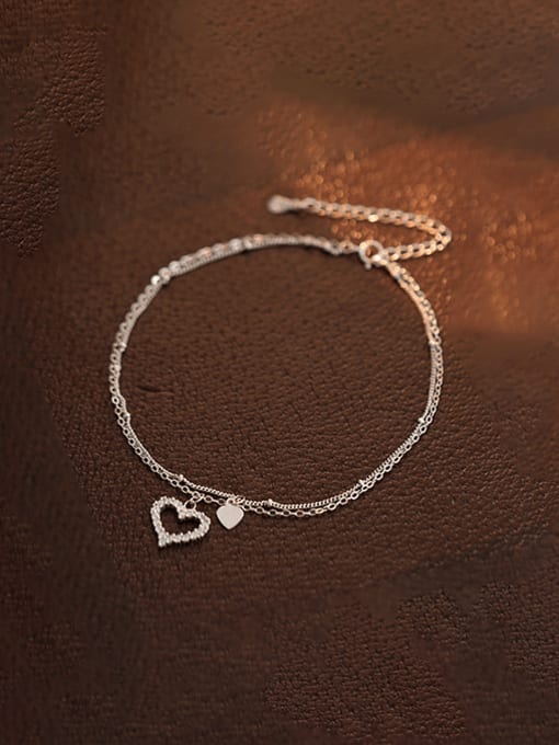 925 Sterling Silver Minimalist Heart Double Layer Chain Anklet