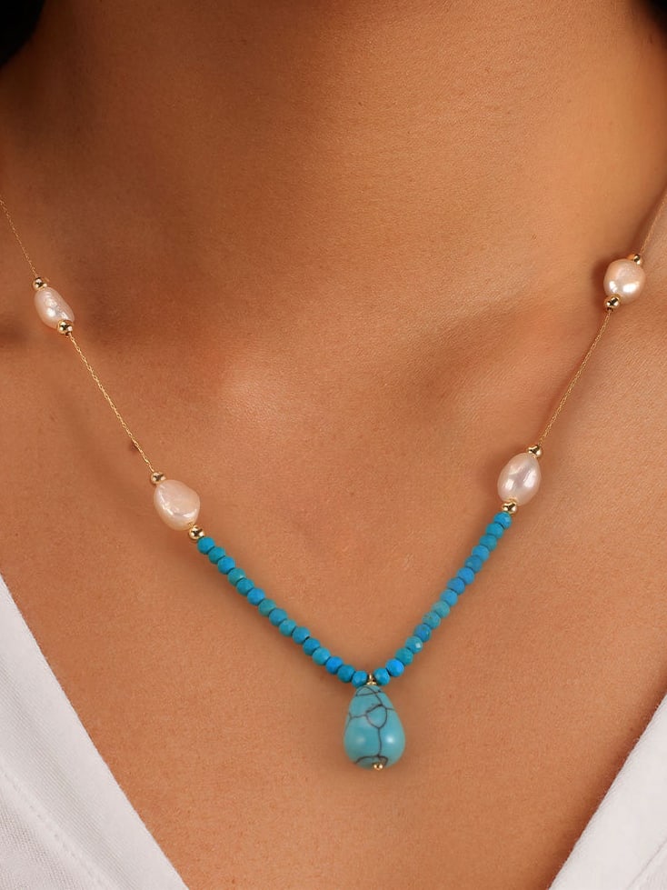 925 Sterling Silver Imitation PearlGeometric Trend Necklace Color: 14K Gold