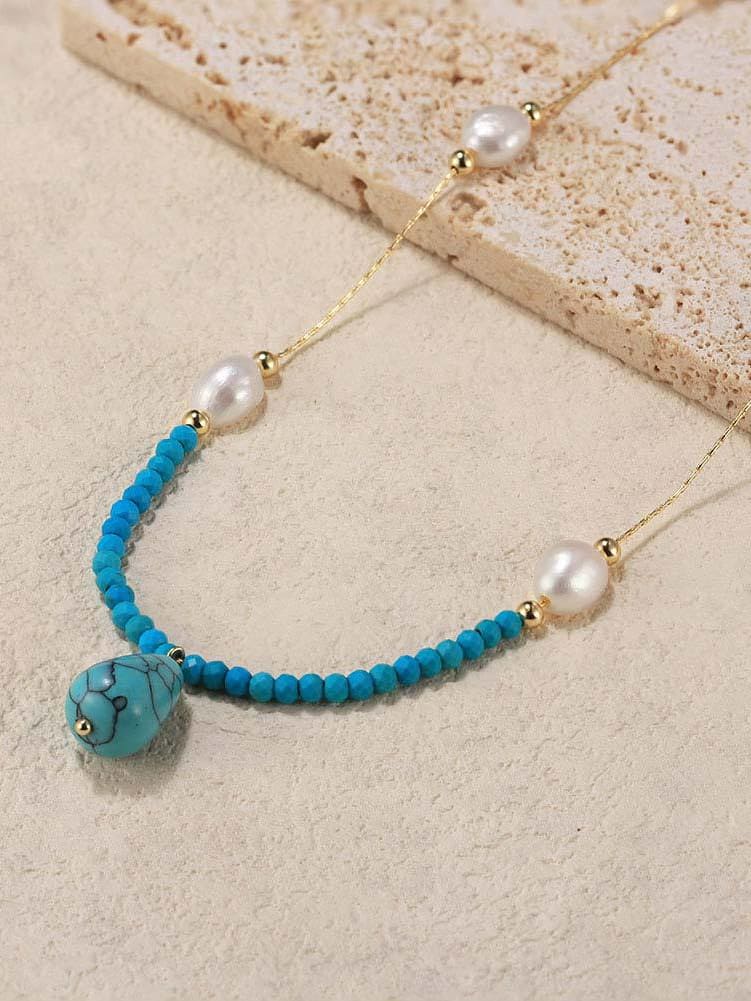 925 Sterling Silver Imitation PearlGeometric Trend Necklace Color: 14K Gold