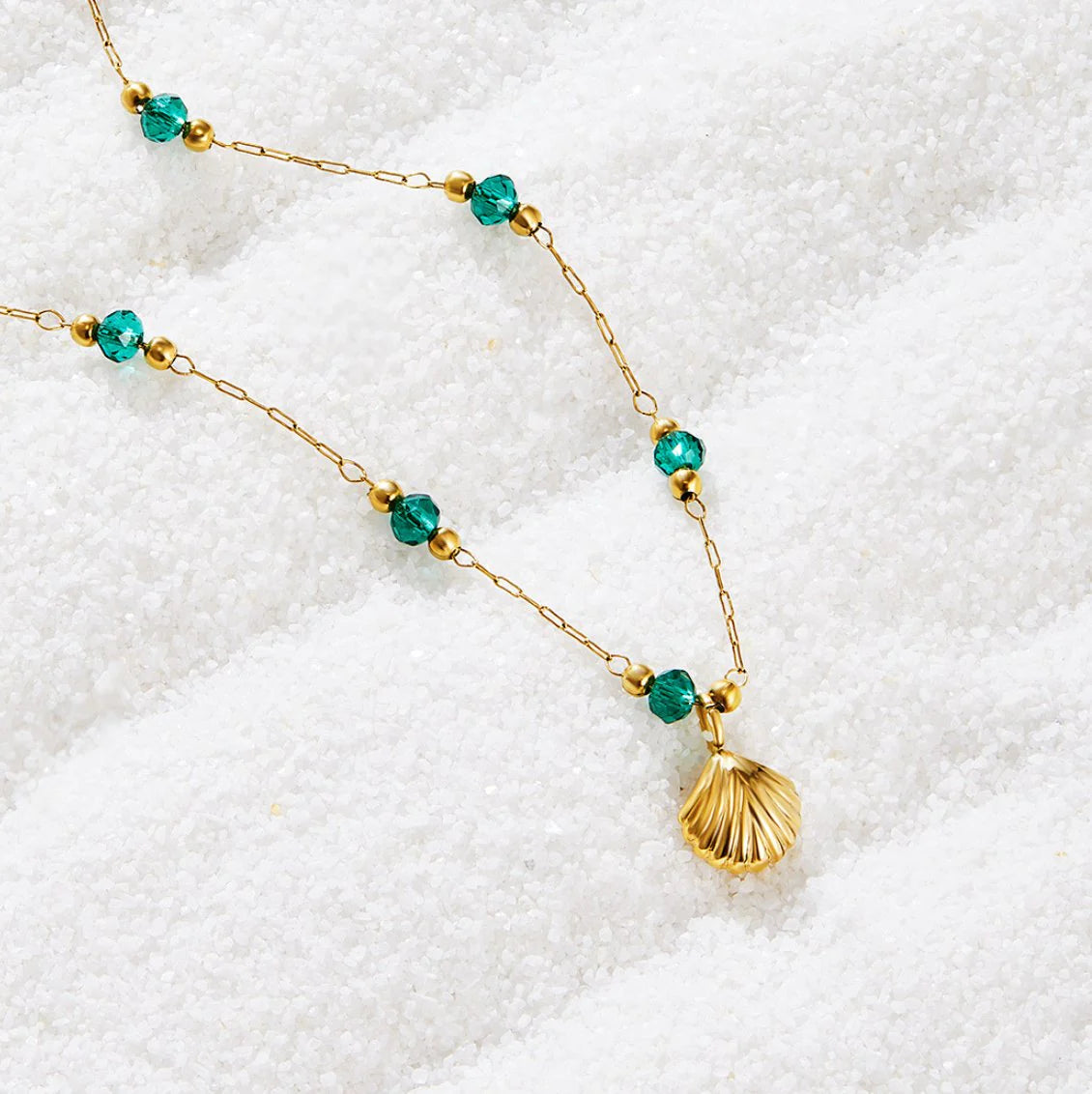 Nerissa Gold Shell & Green Bead Necklace - 18K Gold