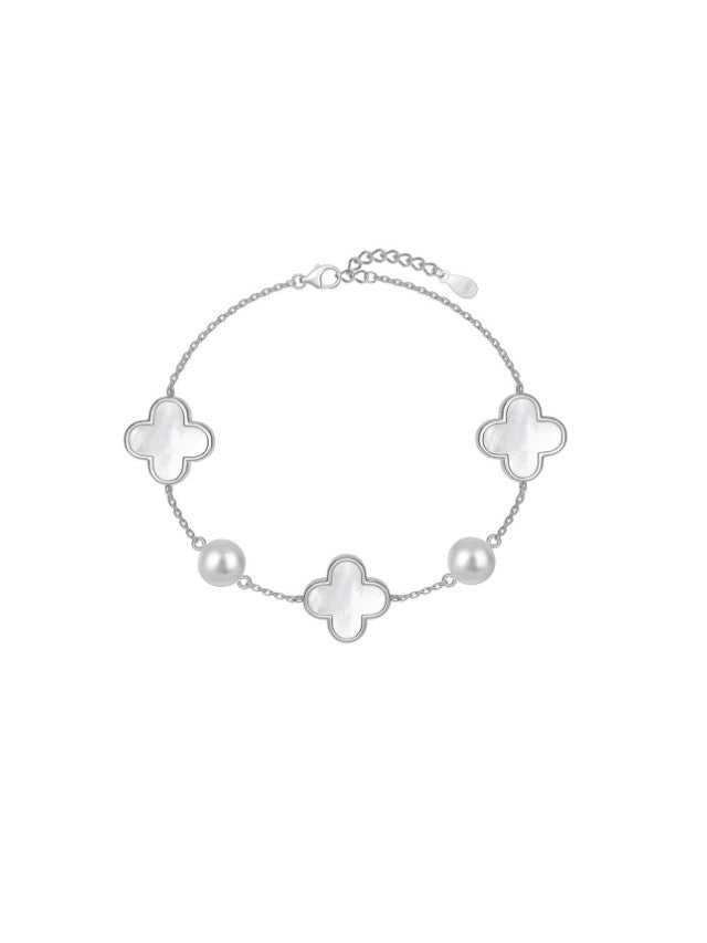 925 Sterling Silver Shell Clover Minimalist Link Bracelet Color: Platinum