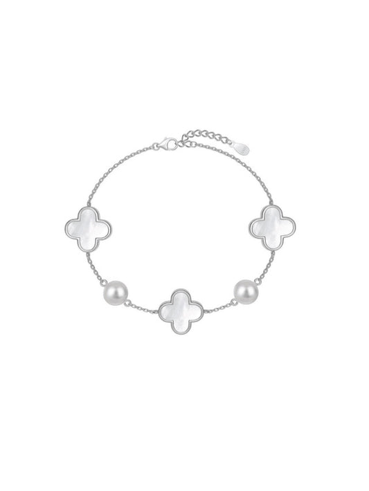 925 Sterling Silver Shell Clover Minimalist Link Bracelet Color: Platinum