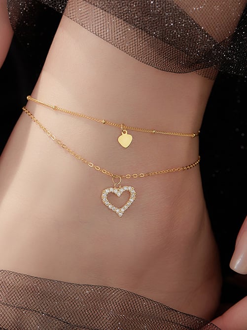 925 Sterling Silver Minimalist Heart Double Layer Chain Anklet